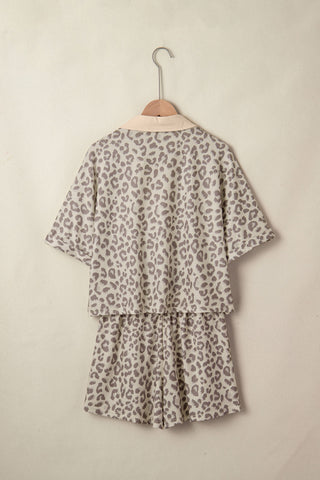 Rose V Neck Collar Leopard Printed 2pcs Short Set
