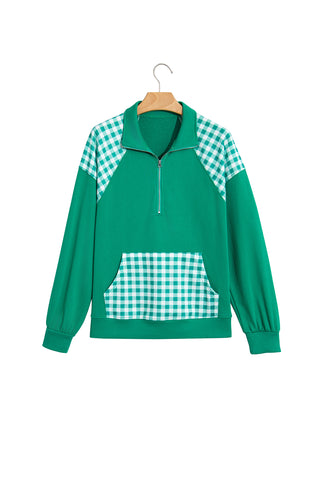Navy Blue Patchwork Plaid Pocket Quarter Zip Sweatshirt
