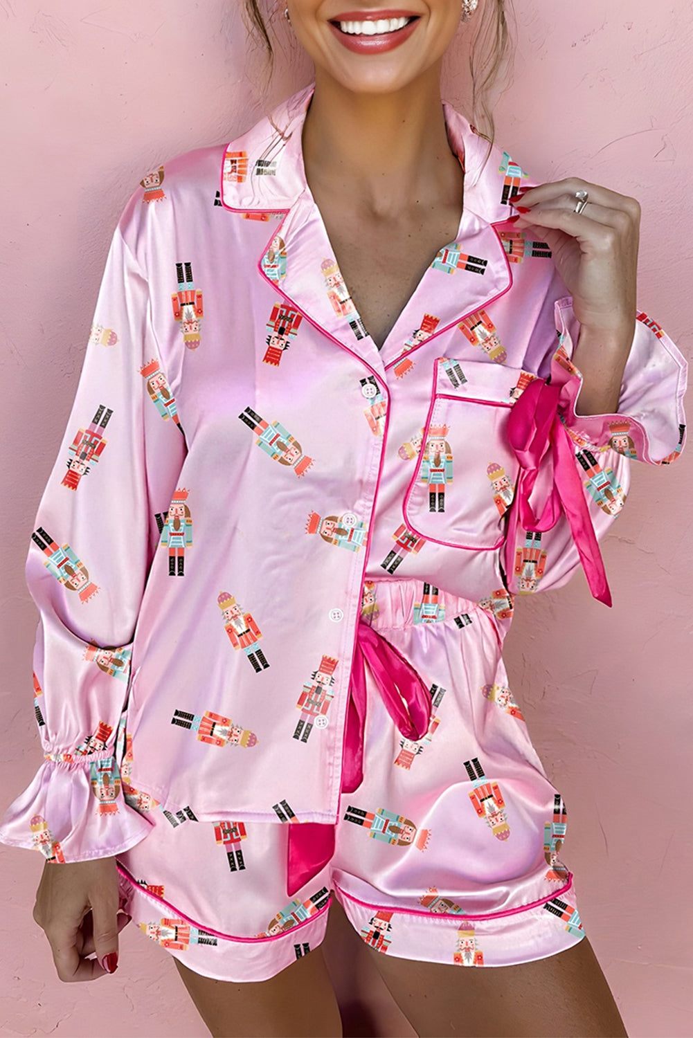 Beige Nutcracker Print Contrast Trim Tied up Bow Silky 2pcs Pajama Set