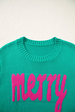 Bright Green Merry Print Ribbed Trim Round Neck Loose Fit Sweater