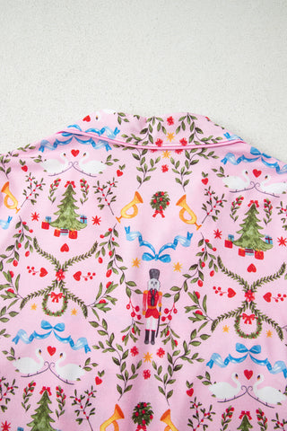 Pink Nutcracker Doll Christmas Print Ribbon Tie Waist Short 2pcs Pajama Set