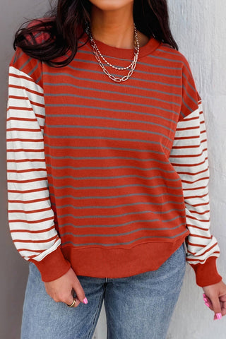 Orange Stripe Contrast Sleeve Patchwork Drop Shoulder Long Sleeve Sweatshirt