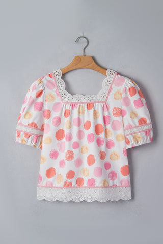 Pink Polka Dot Lace Trim Square Neck Puff Sleeve Blouse