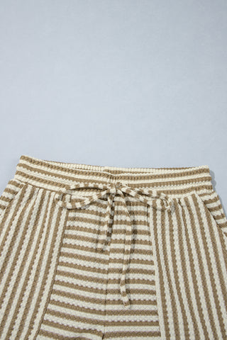 Brown Stripe Textured Knit Long Sleeve Top Elastic Waist Shorts Casual Outfit