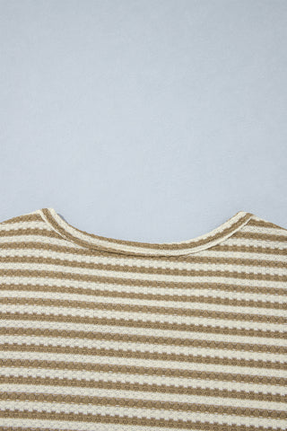 Brown Stripe Textured Knit Long Sleeve Top Elastic Waist Shorts Casual Outfit