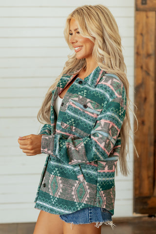 Green Geometric Print Button Front Long Sleeve Shacket
