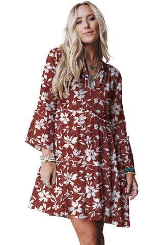 Blue Boho Floral Print Lettuce Trim 3/4 Sleeve Mini Dress