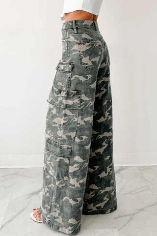 Green Camo Denim Cargo Wide Leg Pants