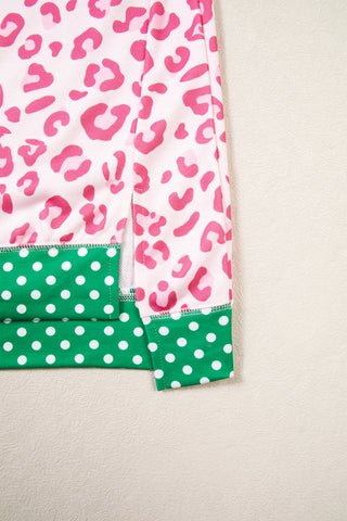 Pink Leopard Polka Dot Colorblock Trim Long Sleeve Top