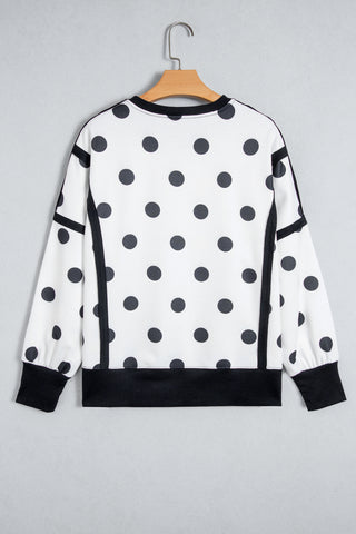 White Polka Dot Contrast Patchwork Round Neck Baggy Sweatshirt