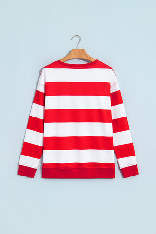 Red Stripe holly jolly Letter Embroidered Pullover Sweatshirt