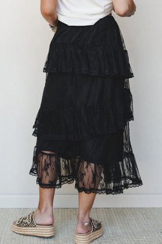Black Elegant Ruffle Lace Tiered Skirt