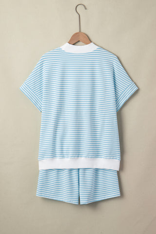 Sky Blue Stripe Cuffed Sleeve Contrast Mock Neck Tee Casual 2pcs Short Set