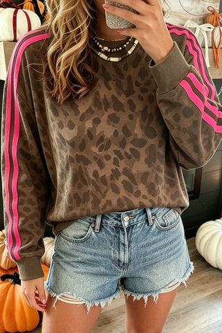 Brown Leopard Print Striped Detail Relaxed Pullover Sweatshirt