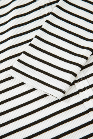 Black Stripe Ribbed Knit Half Button Long Sleeve Slim Top
