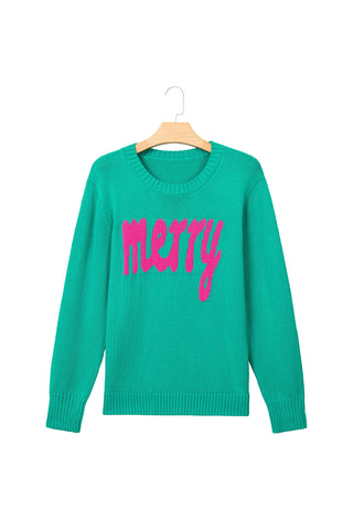Bright Green Merry Print Ribbed Trim Round Neck Loose Fit Sweater