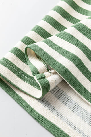 Green Stripe Short Puff Sleeve Contrast Trim Round Neck Tee