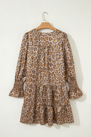 Khaki Leopard Print V Neck Ruffled Sleeve Tiered Loose Mini Dress