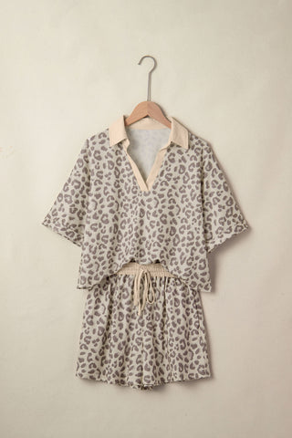 Rose V Neck Collar Leopard Printed 2pcs Short Set