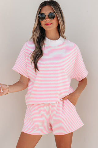 Sky Blue Stripe Cuffed Sleeve Contrast Mock Neck Tee Casual 2pcs Short Set