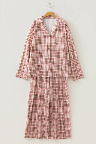 Pink Plaid Patch Pockets Long Sleeve Lounge Set