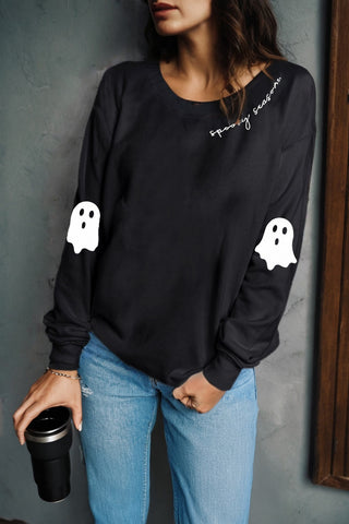Black Spooky Season Halloween Ghost Printed Drop Shoulder Sweatshirt