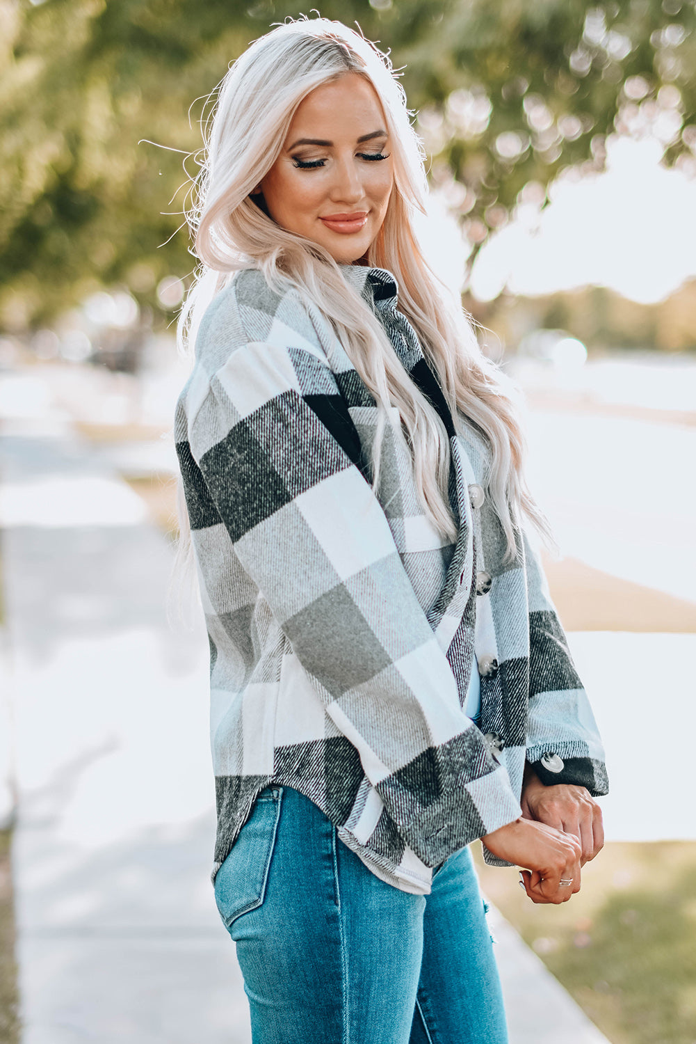 Purple Plaid Color Block Buttoned Long Sleeve Jacket with Pocket