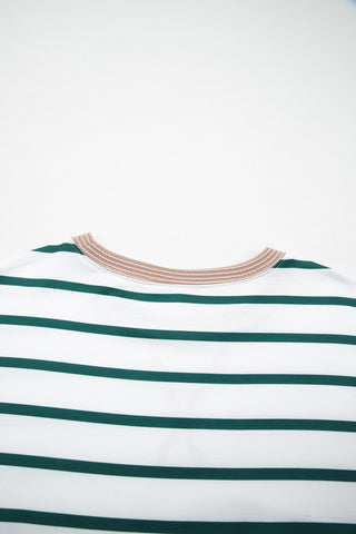 White Stripe Twisted Ribbed Patchwork Drop Shoulder Round Neck Sweatshirt