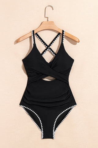 Beau Blue Ric Rac Trim Contrasted Patchwork Cutout One Piece Swimsuit