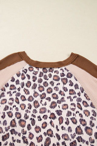 Parchment Leopard Colorblock Patchwork Twist Ribbed Plus Size V Neck Baggy Pullover