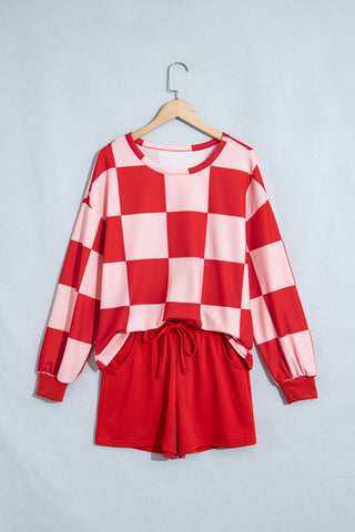 Khaki Checkerboard Plaid Long Sleeve Solid Color Shorts 2pcs Set