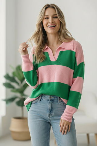 I'll Be On The Sidelines Green and Pink Sweater