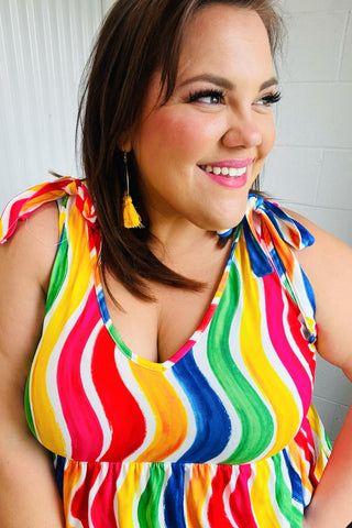 Multicolor Wavy Stripe Shoulder Tie Detail Top