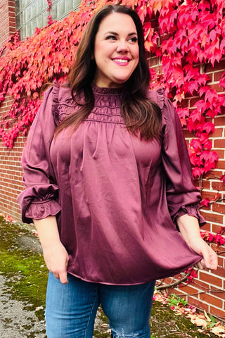 Be Your Best Wine Satin Shirred Yoke Frilled Mock Neck Top