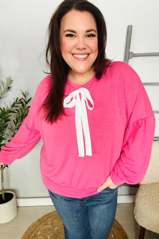 Pretty In Pink French Terry Bow Tie Drop Shoulder Pullover
