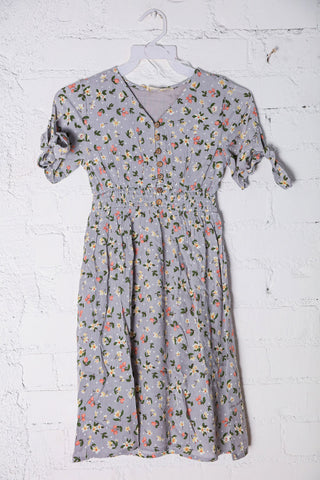 兒童可愛藍褶皺腰身花朵蝴蝶結袖連身裙