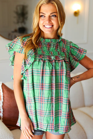 Live For Today Green Plaid Shirred Yoke Flutter Sleeve Top