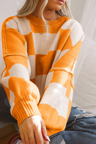 Dark Brown Checkered Bishop Sleeve Sweater