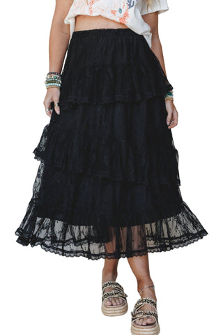 Black Elegant Ruffle Lace Tiered Skirt