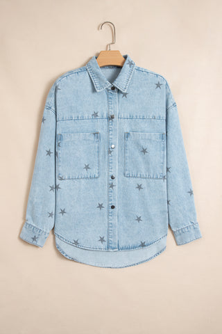Sky Blue Stars Pattern Long Sleeve Shirt Collar Denim Jacket