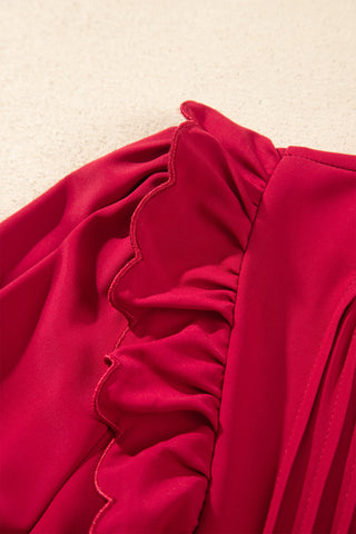 Racing Red Solid Color Ruffle Trim Long Sleeve Tiered Shift Midi Dress