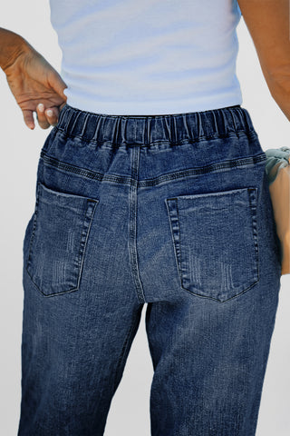 Dark Blue Gather Round Distressed Pocketed Denim Jogger