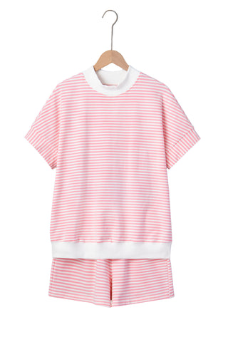 Sky Blue Stripe Cuffed Sleeve Contrast Mock Neck Tee Casual 2pcs Short Set