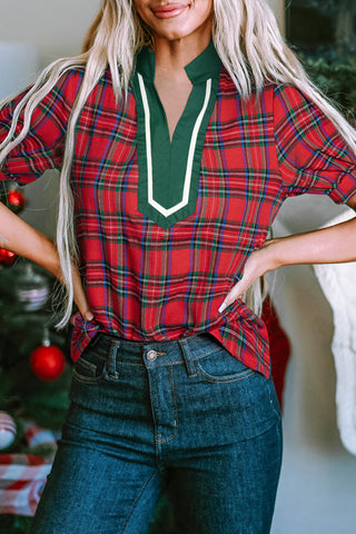 Red Plaid Print Contrast Trim V Neck Short Sleeve Blouse