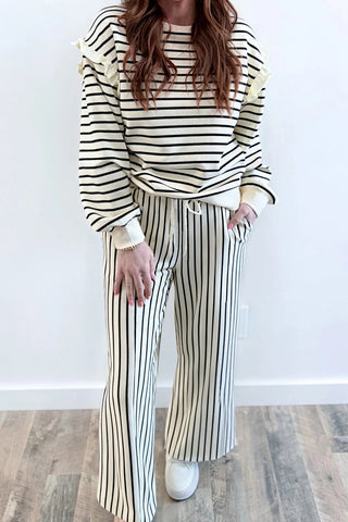 White Stripe Ruffle Trim Drop Shoulder Top Drawstring Loose Pant Set