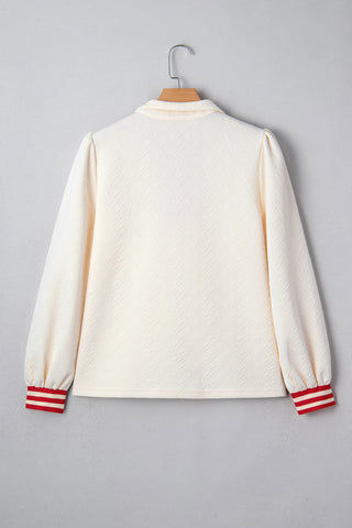 White Textured Knit Contrast Striped Accent Zipped Collar Pullover Top