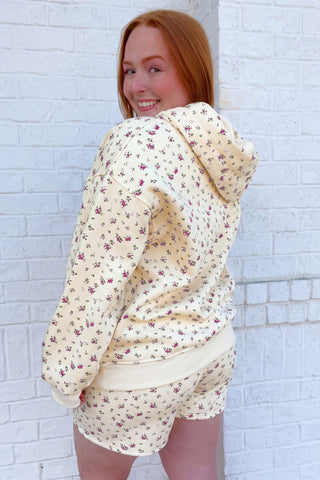 Beige Floral Print Hooded Long Sleeve Plus Size Set