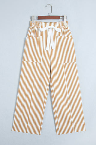 Apricot Stripe Ribbon Drawstring Waist Full-Length Shift Pant