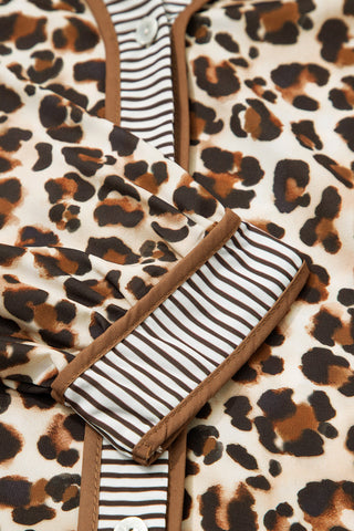 Brown Leopard Print Striped Patchwork 3/4 Sleeve Loose Mini Dress