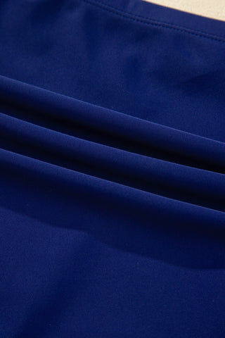 Navy Blue Shell Stitched Trim V Neck Textured Mix and Match High Waist Bikinis